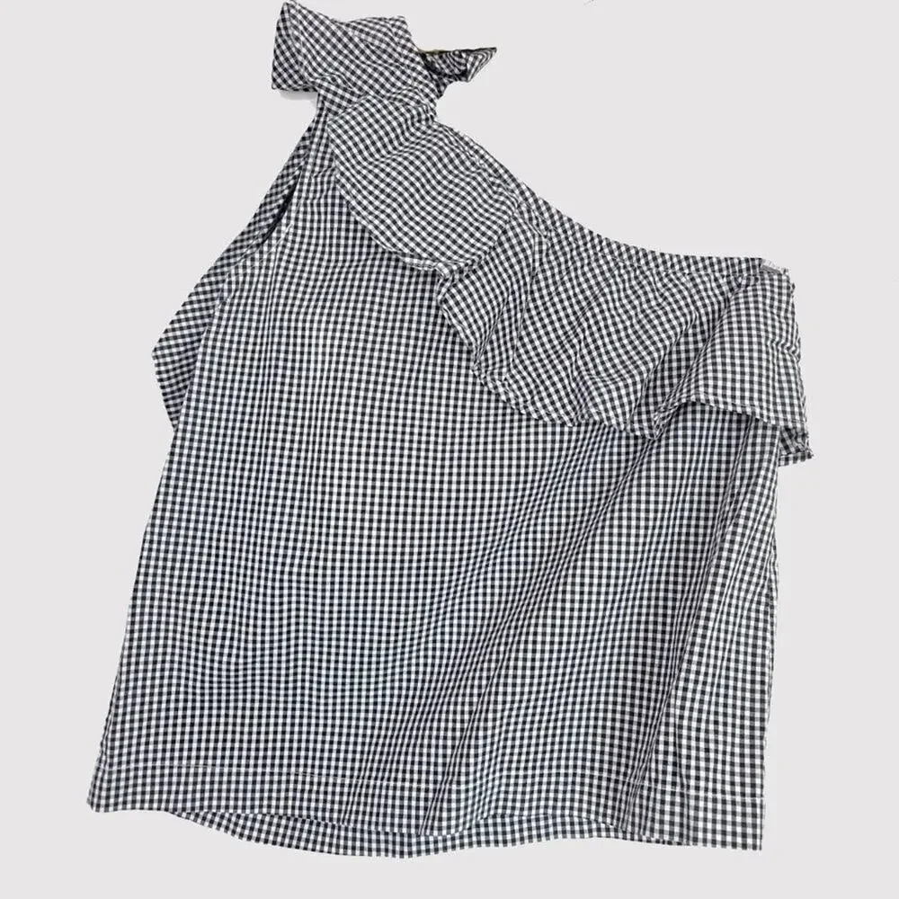 Vineyard Vines Gingham Black & White One Shoulder Bow Top Size 6, Preppy,Coastal